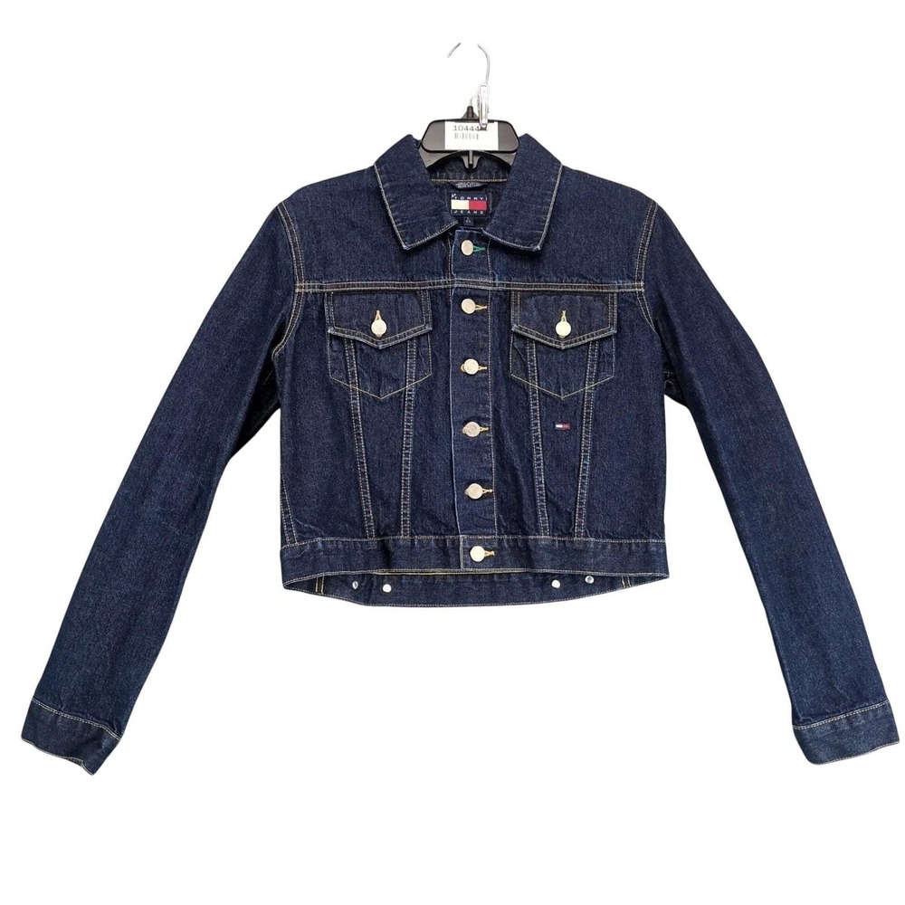 Vintage Y2K Tommy Hilfiger Jean Jacket Juniors L Denim Cropped Dark Wash Trucker